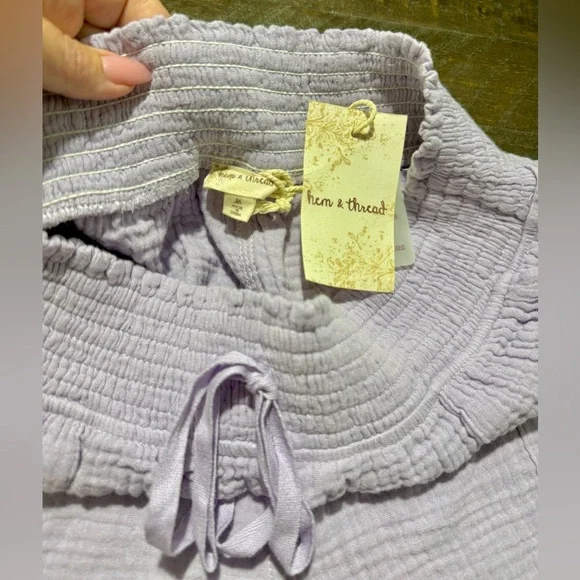 NWT Hem & Thread Anthropologie Lavender Cotton Button Up Top Shorts Set Medium - Picture 6 of 6